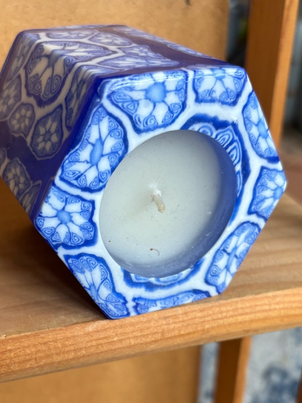 Blue Patterned Hexagonal Decorative Candle Holder